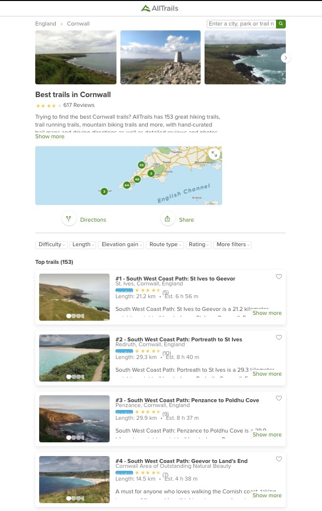 Walks in Cornwall listed on the All Trails website