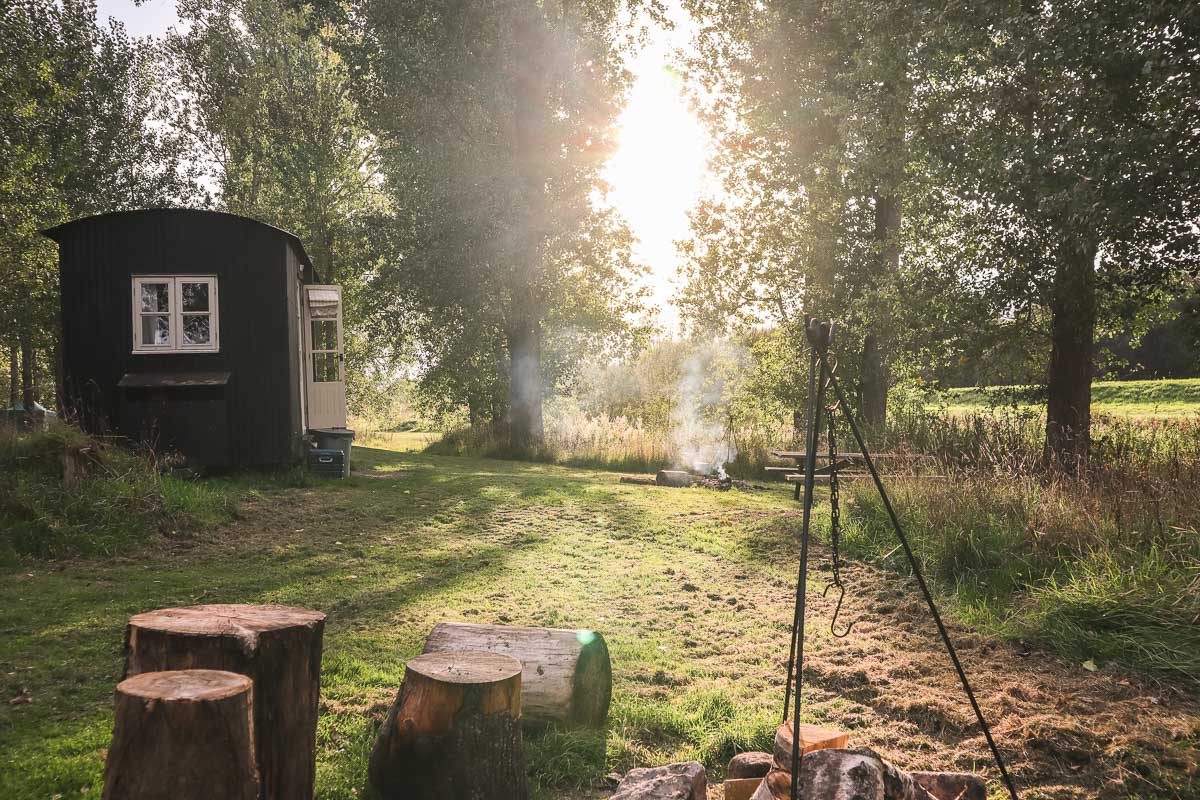 Beautiful evening at shepherd's hut at The Original Hut Company, Bodiam