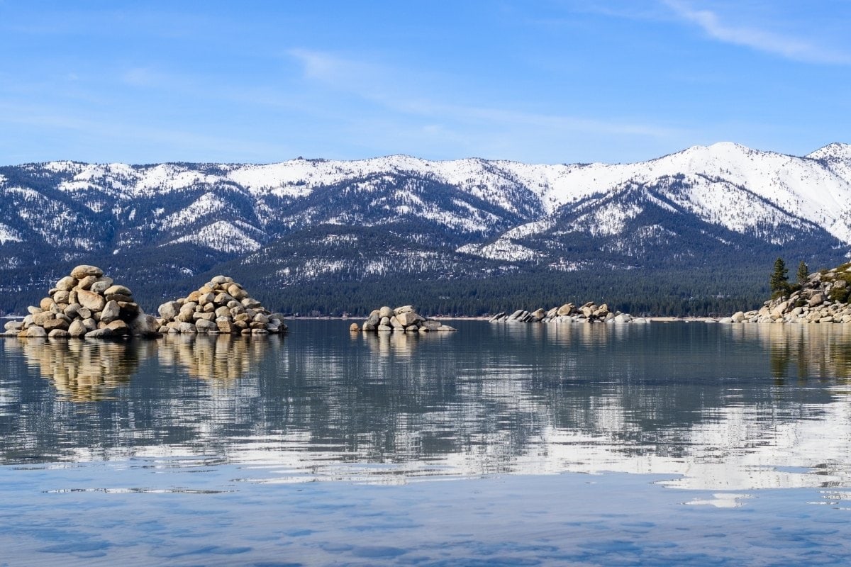 Mirror reflections of the mountains in Lake Tahoe