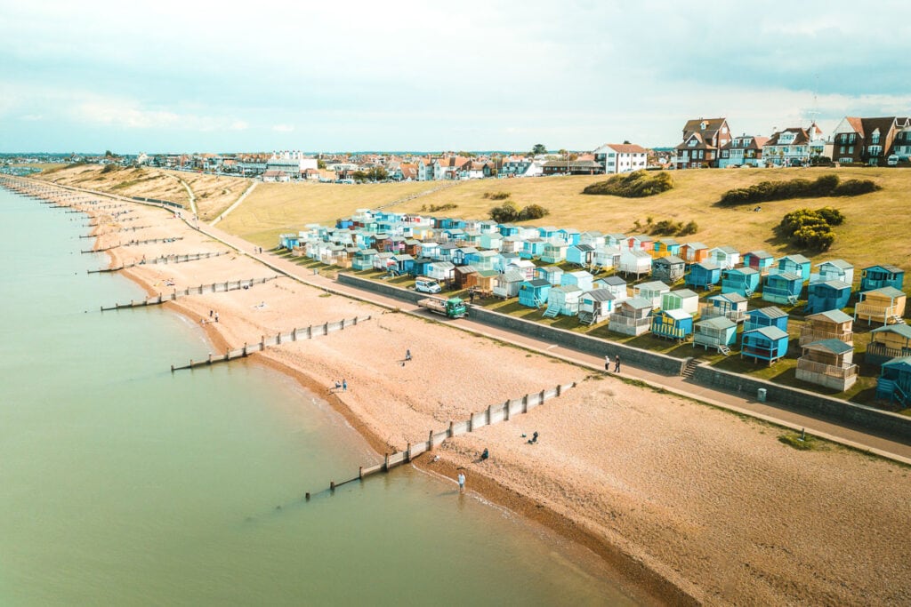 Beach huts on Tankerton Slopes, walking from Whitstable towards Herne Bay