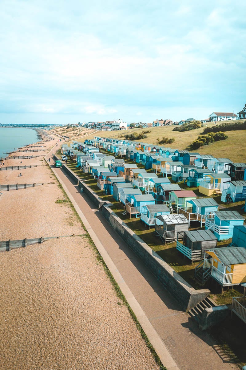 Beach huts on Tankerton Slopes, walking from Whitstable towards Herne Bay