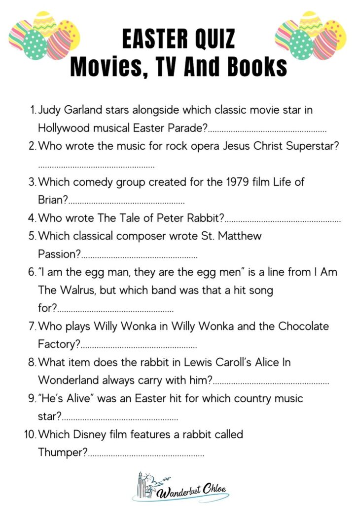 printable easter quiz questions - movies, tv and music