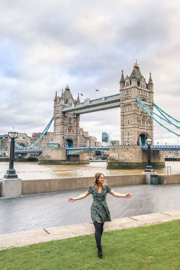 Walking in front of Tower Bridge