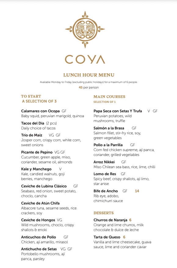 Coya lunch menu