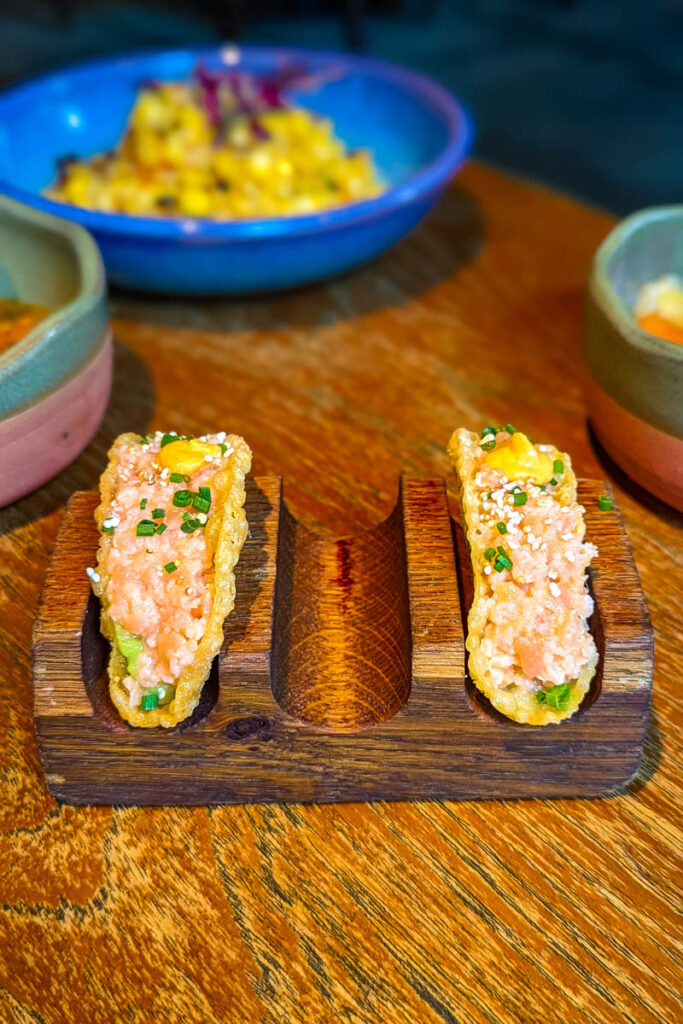 How cute are these tiny salmon tacos at Coya Mayfair