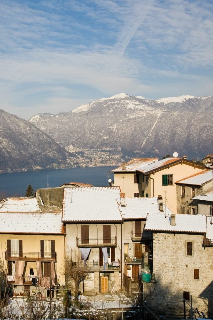 Nesso overlooking Lake Como with snow