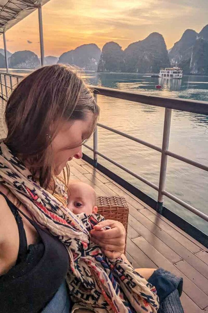 feeding baby in halong bay