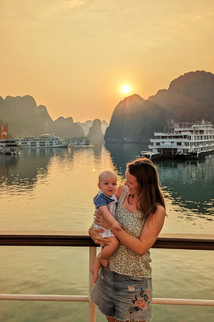 sunrise in halong bay with a baby