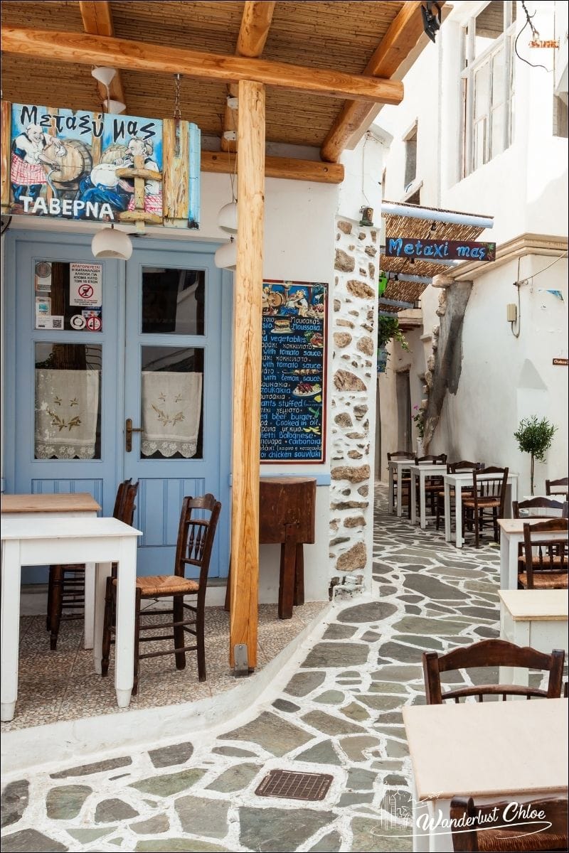 Pretty streets with restaurants in Chora in Naxos