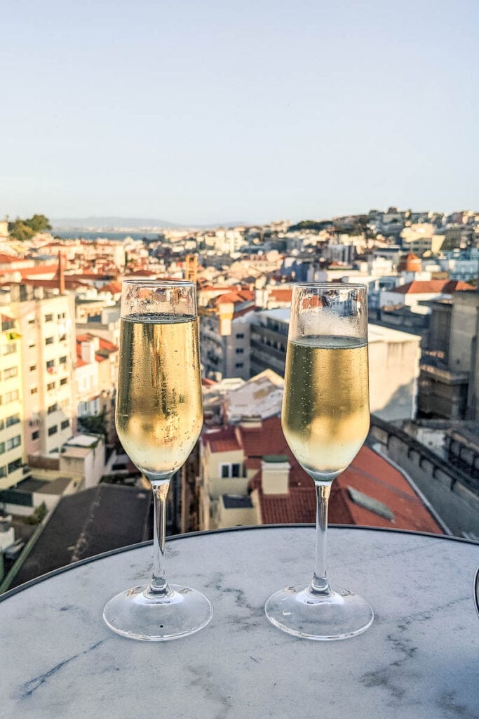 Champagne at rooftop bar in Lisbon