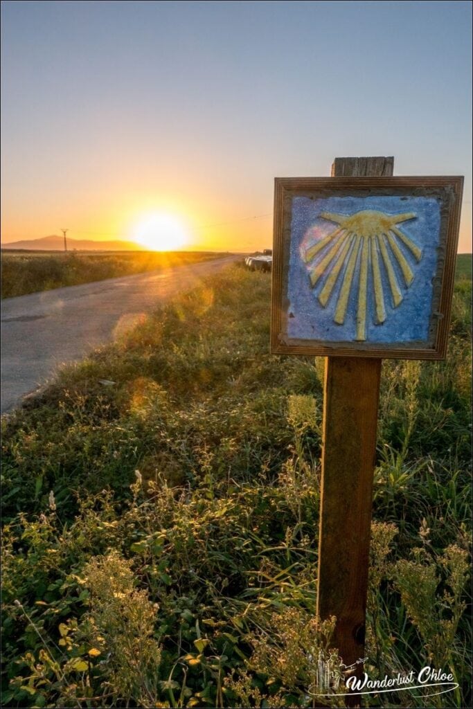 Camino de Santiago sign at sunrise