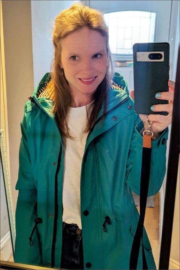 turquoise colourful rain jacket